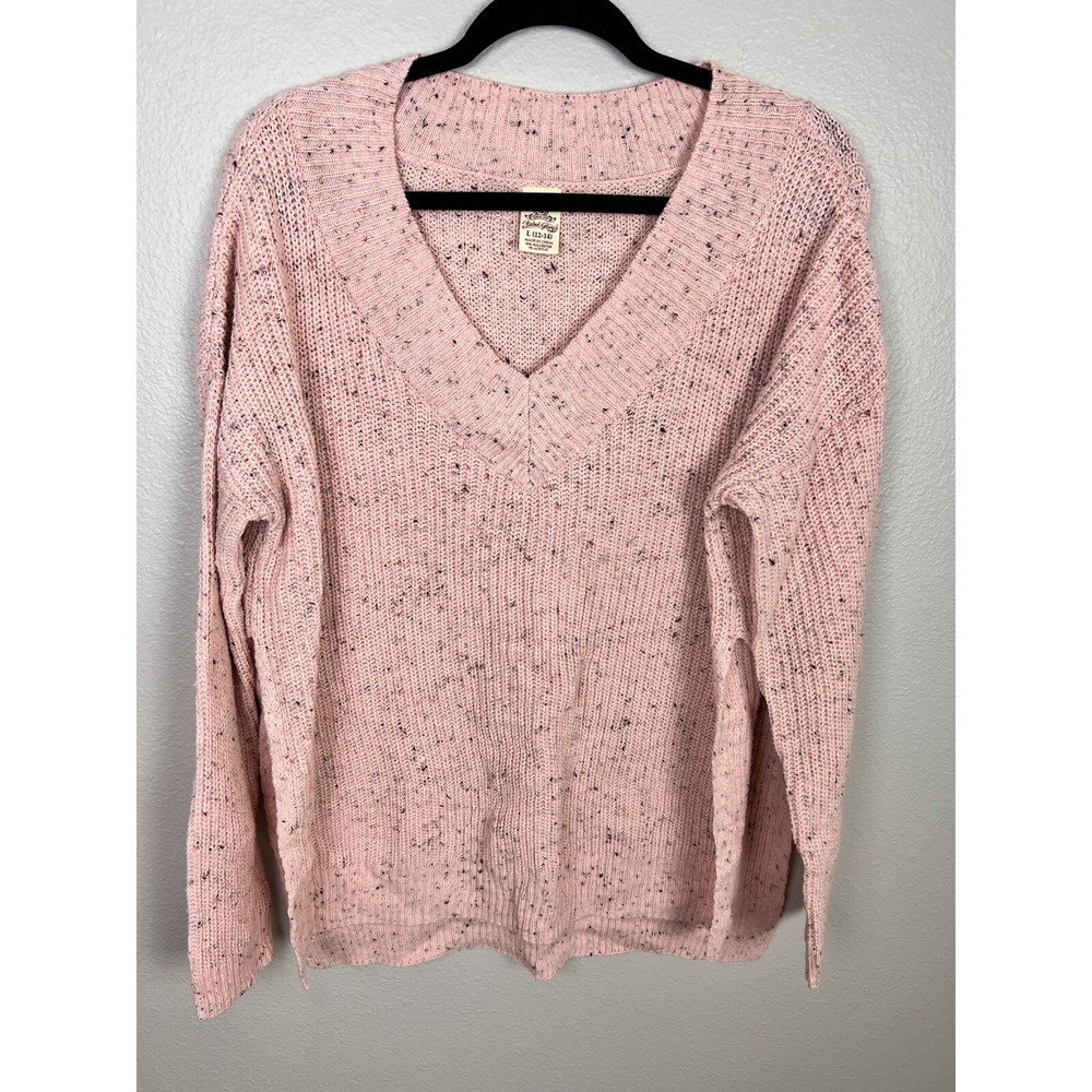 Faded Glory Tunic Sweater L (12/14) Pink Heathered V Neck Drop Shoulder